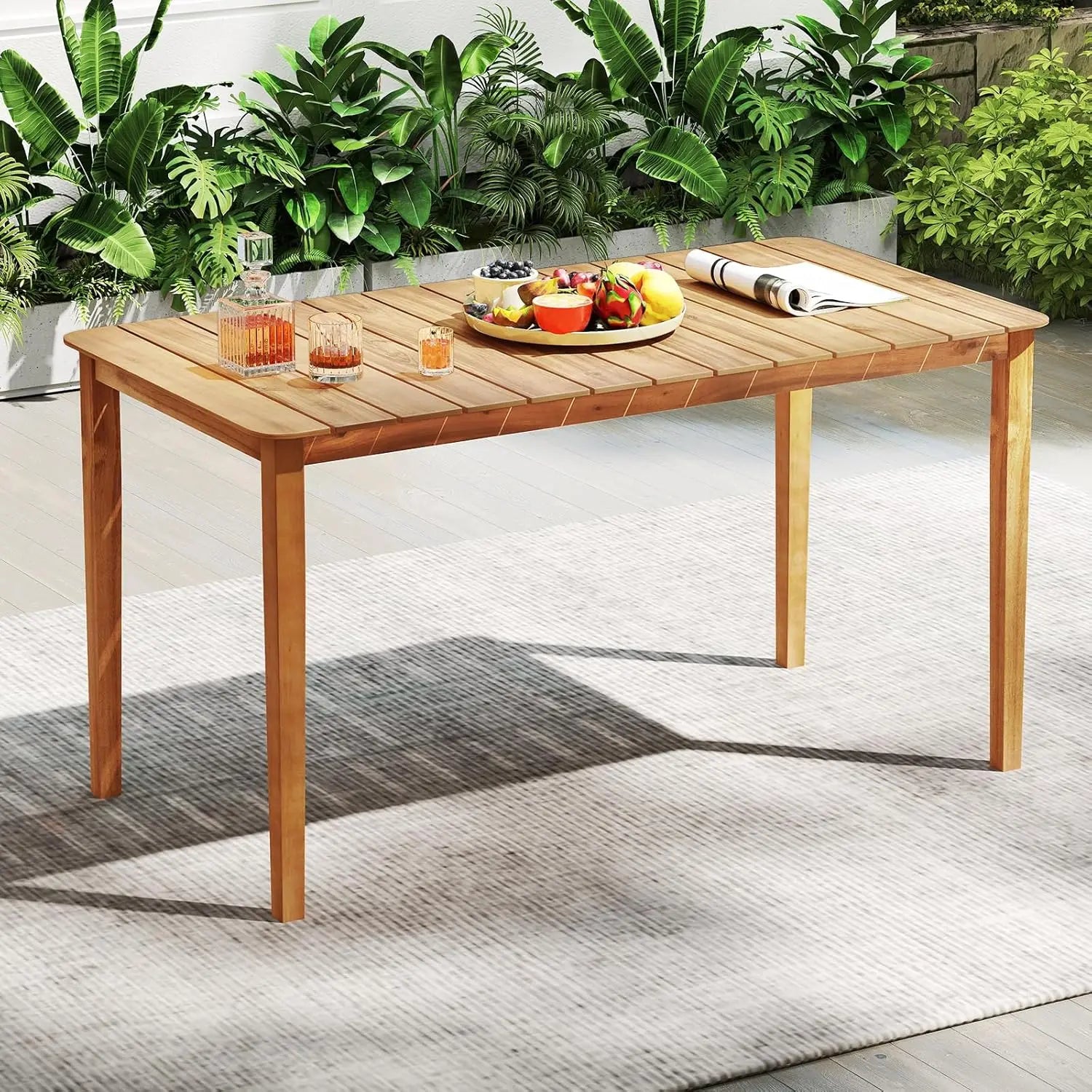 Rectangular outdoor dining table 4-6 people large acacia wood patio with slatted tabletop indoor farmho - natural