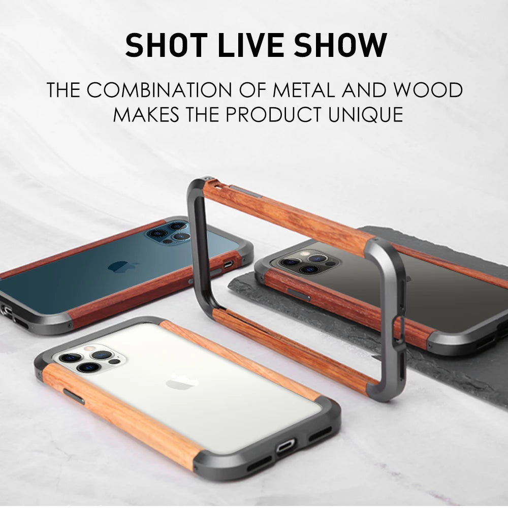 High quality natural wood phone case for iphone 14 13 12 11 pro max mini xr xs x 7 8 se aluminum metal + wood bumper