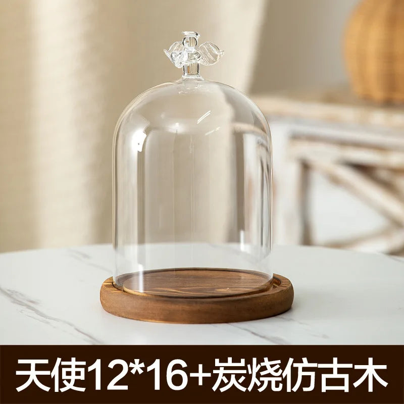 Aromatherapy candle holder ornaments dust-proof glass cover wooden base display box home decoration - angel 16cm