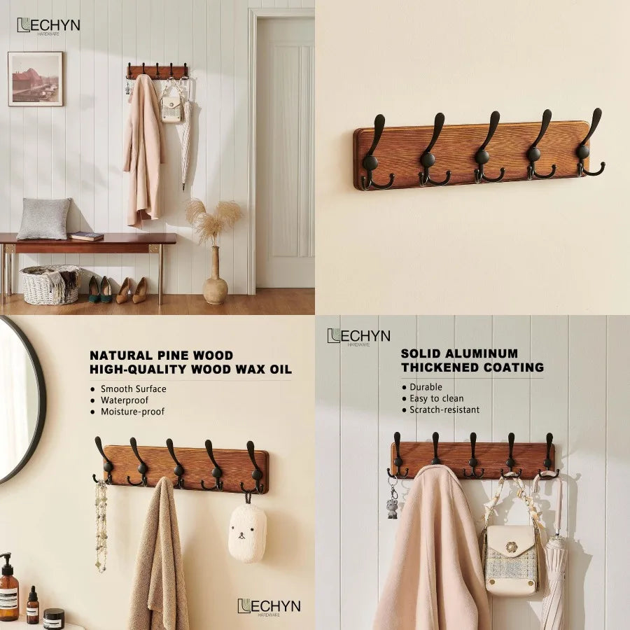 Rustic wooden coat rack wall mount with 5 hooks for farmhouse style entryway or hallway heavy duty hanger natu - united