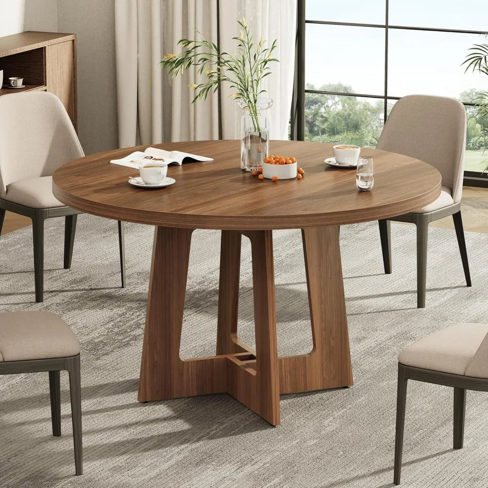 Wooden round dining table for 4 farmhouse style circle home and living room - united states / walnut brown