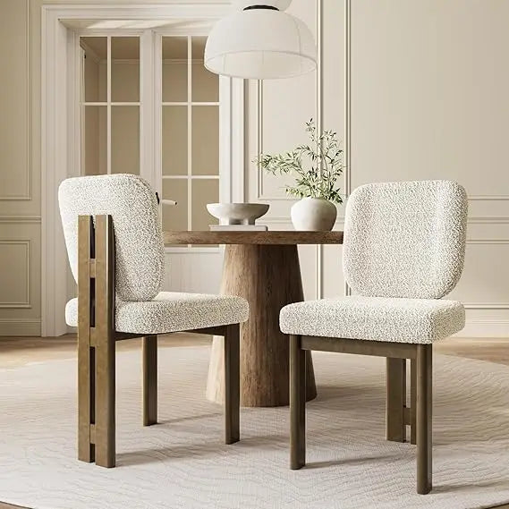 Modern boucle dining chairs set of 2 upholstered armless side with ergonomic curved back/walnut wood legs mid-century