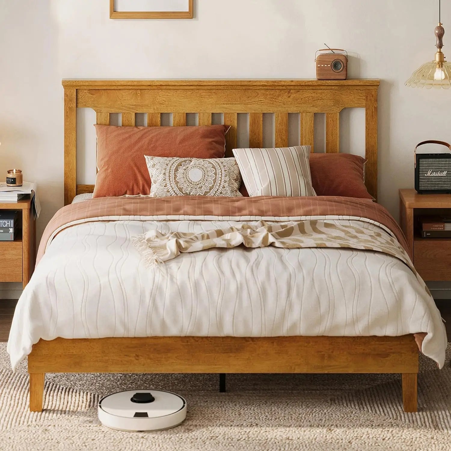 Wood full size bed frame solid platform with headboard wooden slat support no box spr - united states / rustic pine