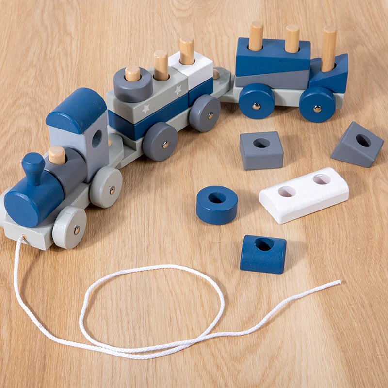 Wooden montessori stacking train set educational toys shape sorter building blocks trolley baby learning gifts