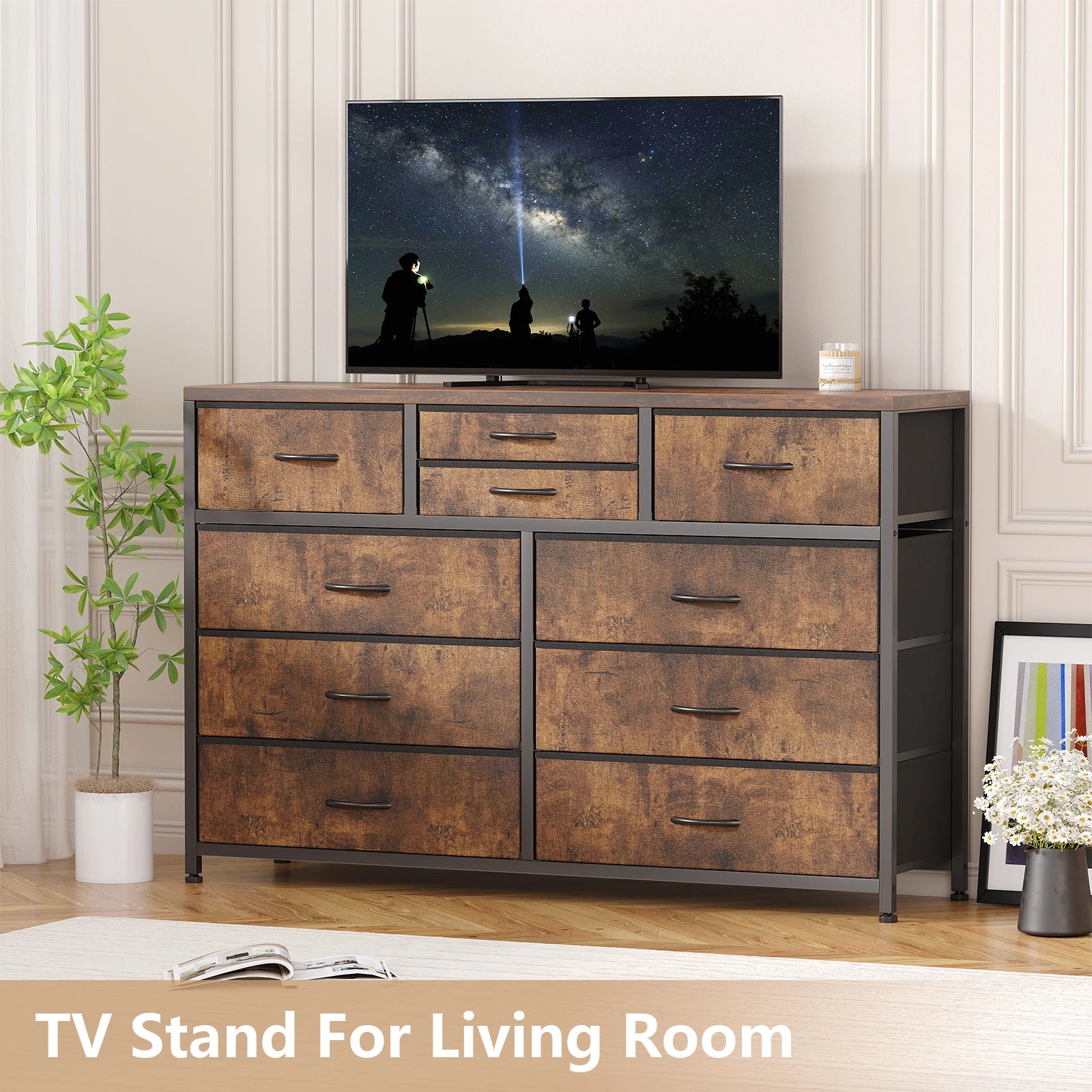 Drawer dresser tv stand for 47 to 55 inch wood top entertainment center with sturdy steel metal frame bedroom living