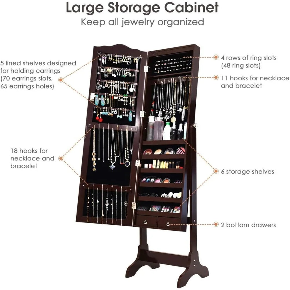 Floor standing jewelry armoire with mirror and led lighting 14 lights 2 drawers adjustable shelves - united states