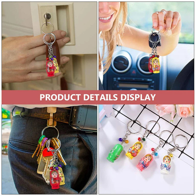 120pcs russian nesting dolls keychain wood key rings stacking car bag charms pendant backpack - mix colors - chain