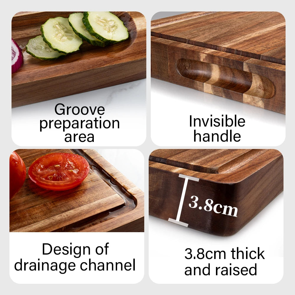 Thick acacia wood cutting board double-sided using large solid wooden chopping block with juice groove food-safe
