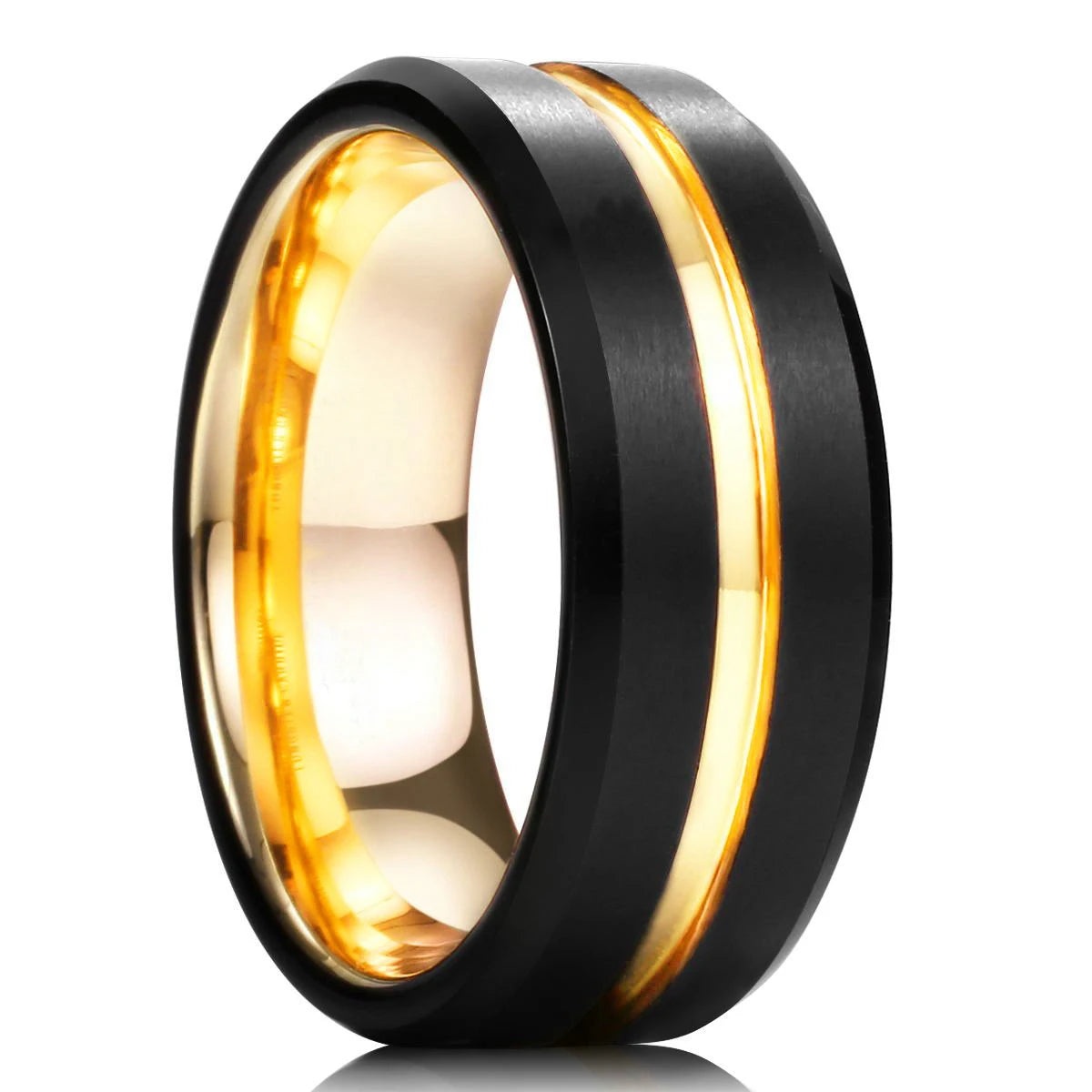 Fashion 8mm men stainless steel ring rose gold color brushed wood inlay rings for women wedding band jewelry birthday