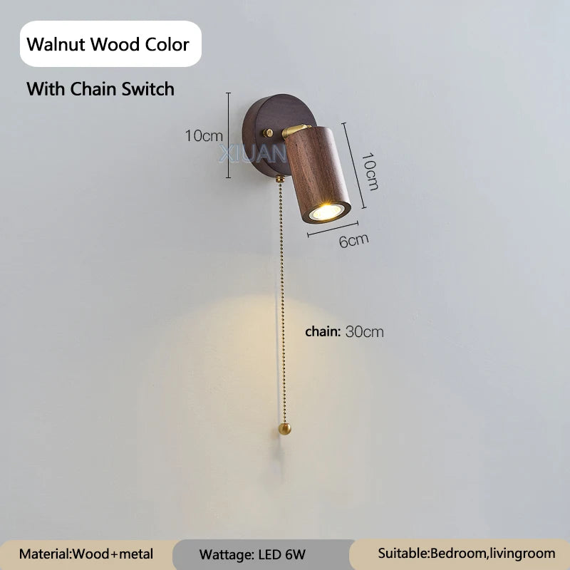 Japanese walnut wood color bedroom bedside wall light zipper switch vintage retro lamp with adjustable spotlight