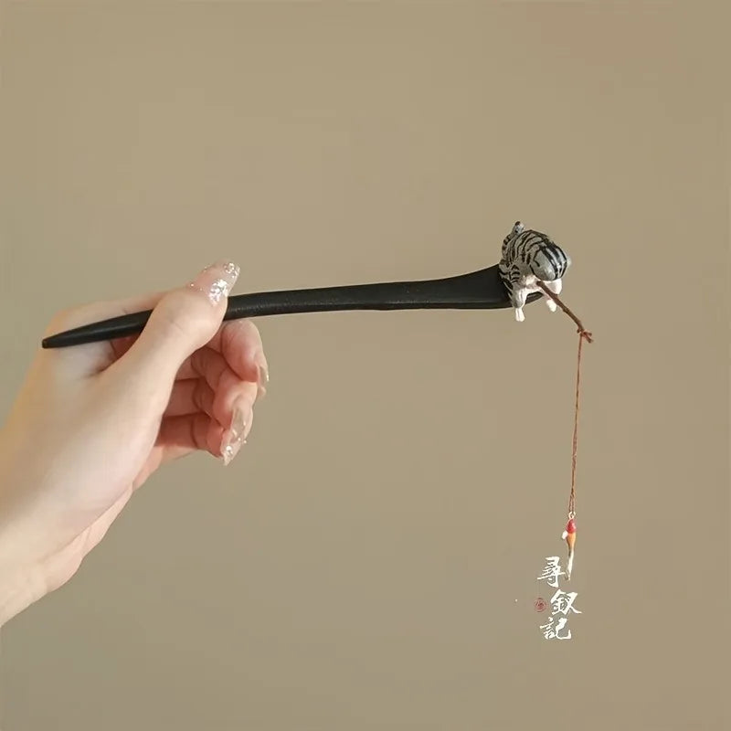 Chinese hanfu hairpin hand-carved phoenix wooden hair stick vintage accessories for women antique bronze retro clip