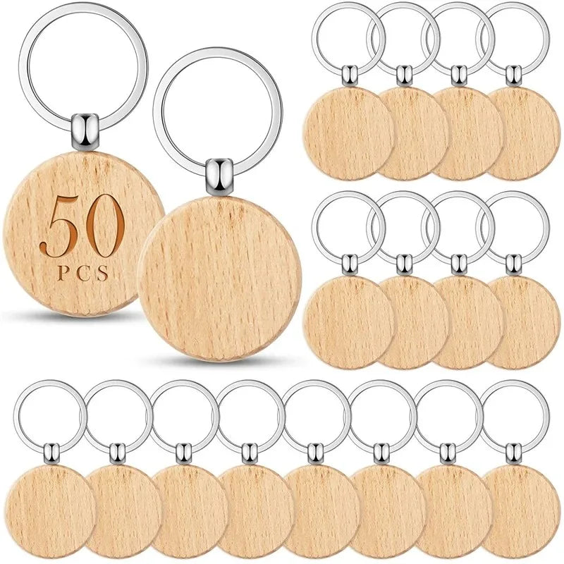 50 pieces blank wooden key tag engraving blanks unfinished wood keychain ring tags for diy crafts - round - chain