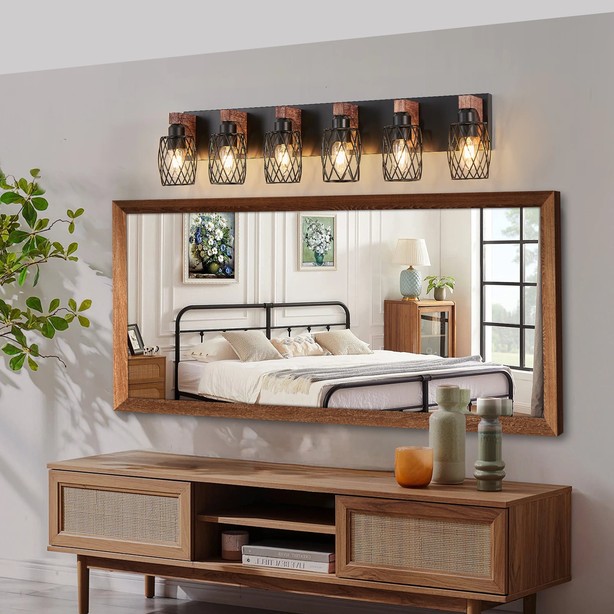 38’’ industrial vintage 6-light wall sconce - black cage lighting fixture with wooden accents - united states / 100-300w