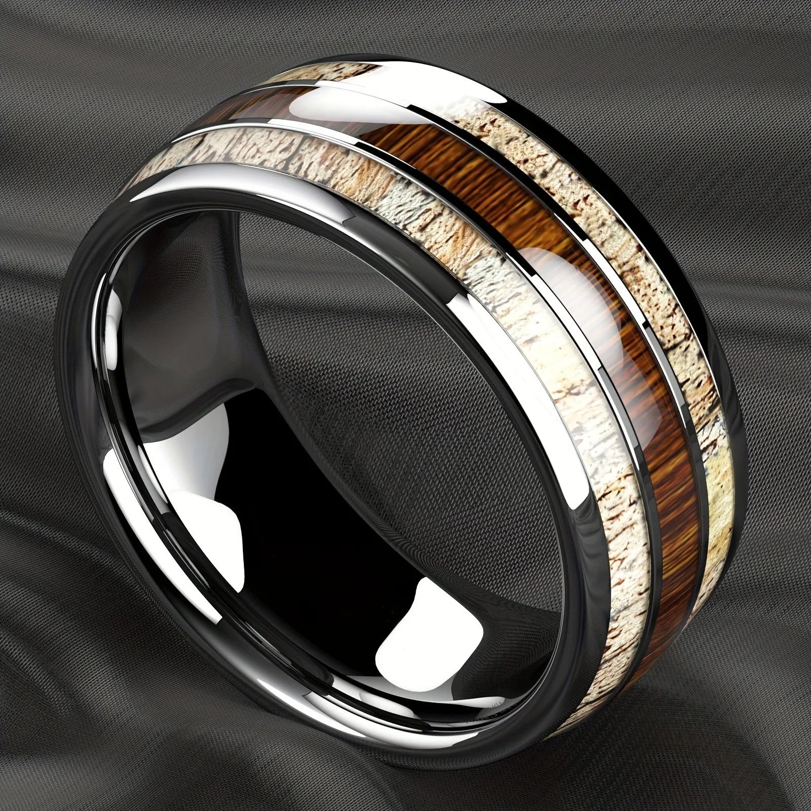 Fashion silver color men’s stainless steel rings koa wood deer antler inlay dome engagement for men women wedding