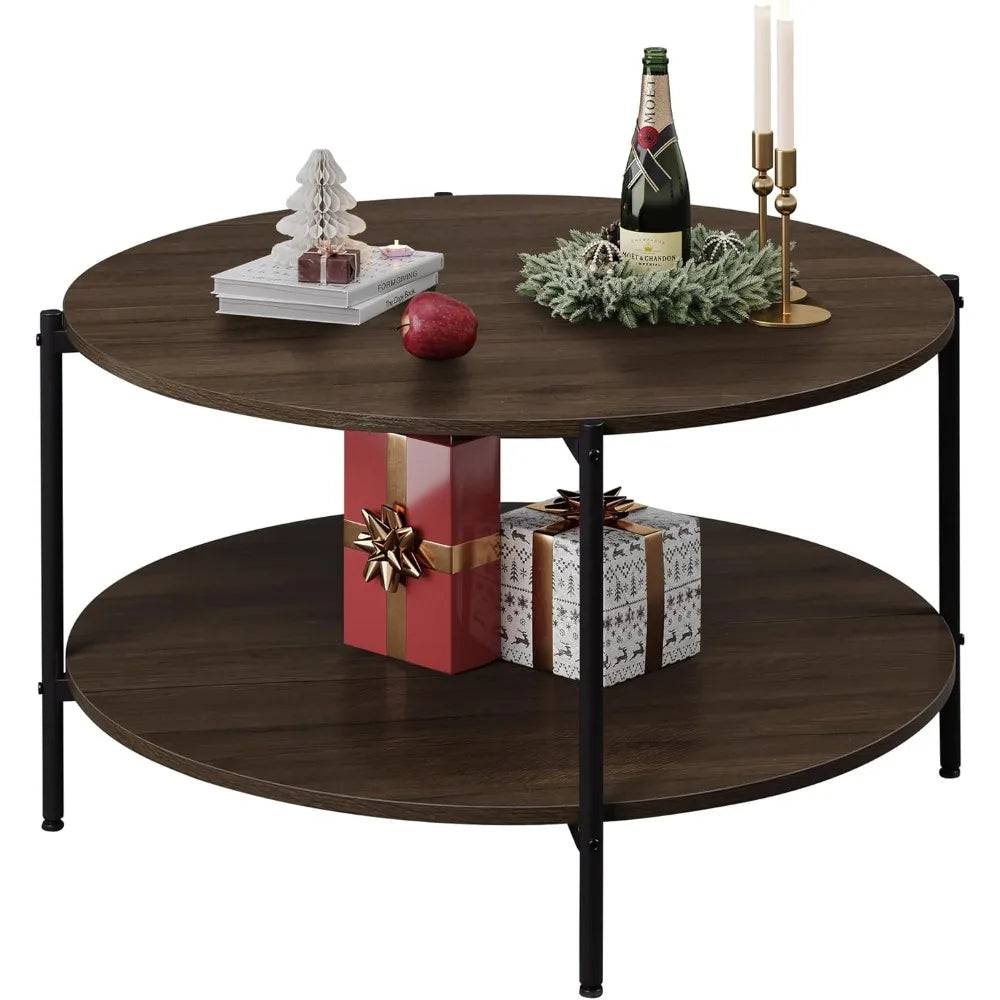 Round coffee table for living room 32.6’’ small with open storage shelf 2-tier industrial circle wood center tabl