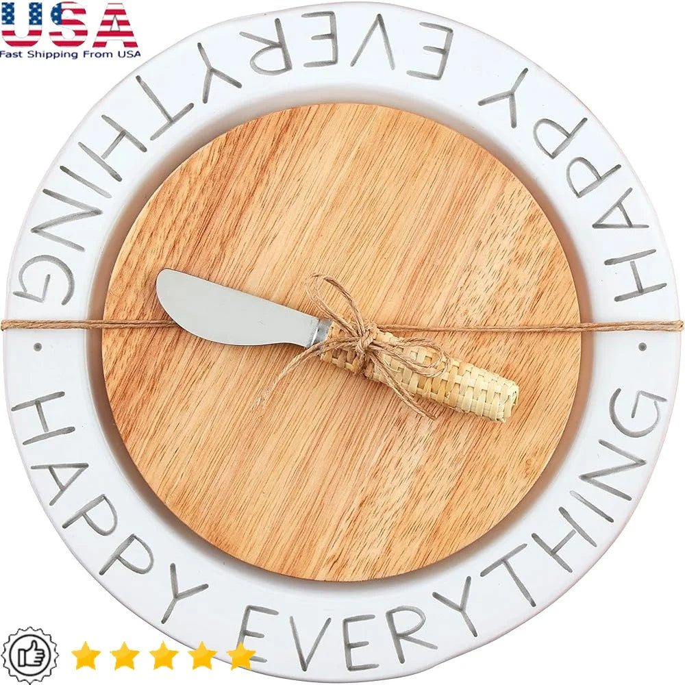 Happy cheese plate board set 10.5 inch glazed terracotta cutting stainless steel rattan spreader entertaining home