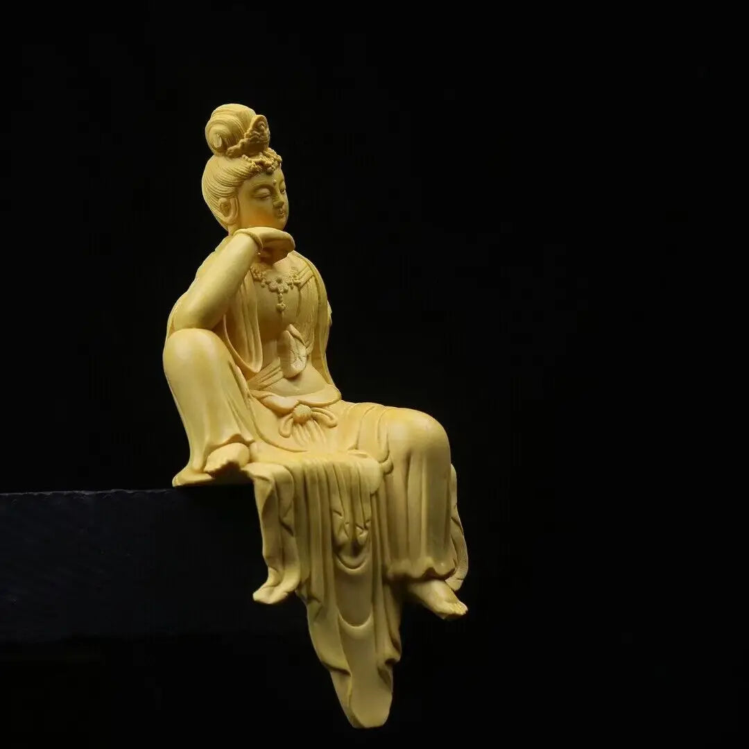 Chinese boxwood wood hand sculpture guanyin kwan-yin buddha statue home decorations - religious (buddhist)
