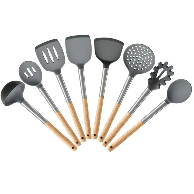 8pcs silicone kitchenware set non-stick wooden handle kitchen utensils anti slip spatula shovel spoon spaghetti claw