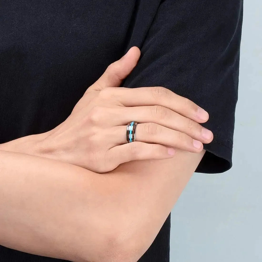 Fashion 8mm men stainless steel koa wood rings inlay blue turquoise stone for wedding engagement band jewelry gift