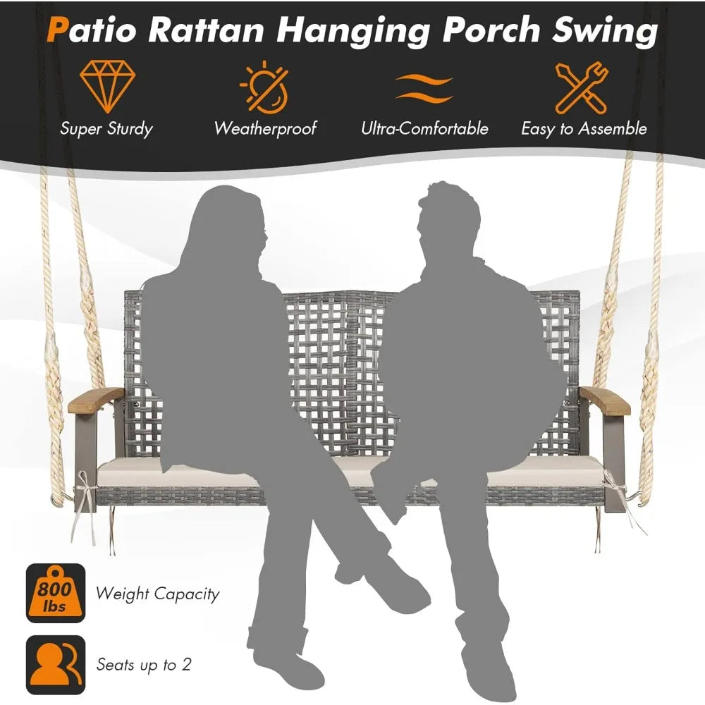2-person patio porch swing chair outdoor rattan bench with acacia wood armrests & two 118” hanging ropes seat - united