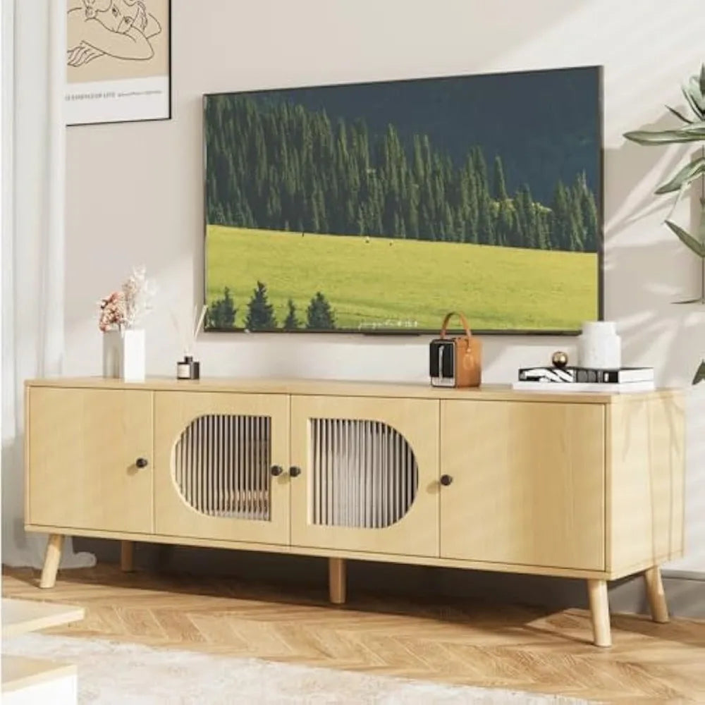 Tv stand for 55/60/65 inches wood media cabinet with glass doors entertainment center storage living room bed - united