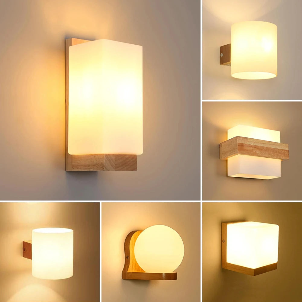 Nordic wood wall lamps with glass shade home indoor decor sconce bedside lamp modern led light night lights fixtures e27