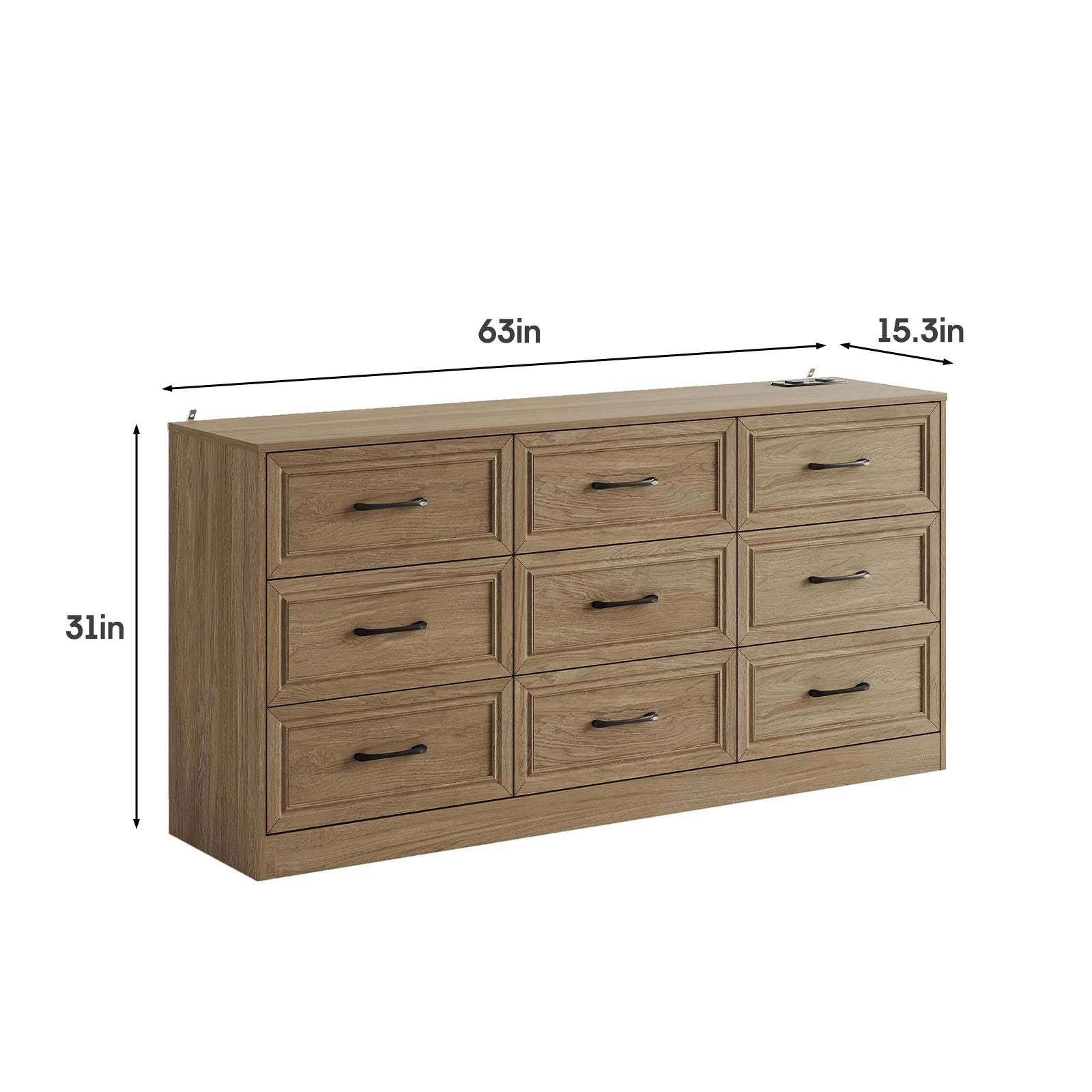 Vabches wood dresser for bedroom 9 drawer with power outlet&metal handles chest of drawers storage organizer hallway