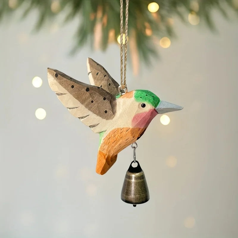 Hand-carved wooden hummingbird figurine with bell handmade bird art carved small animal garden statue mini wildlife