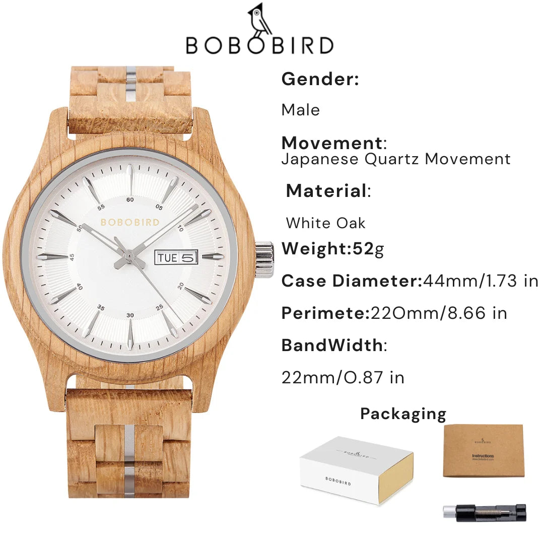 Bobo bird men’s wooden watch with blue dial – natural handmade wood wristwatch date display anniversary gift in box