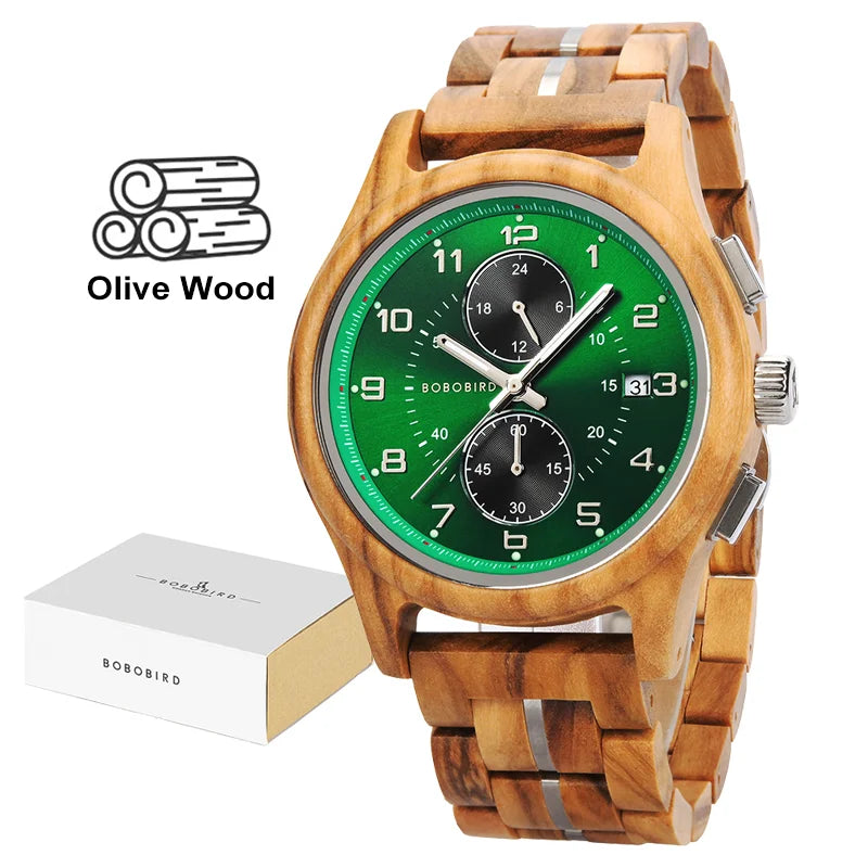 Bobo bird men watches 44mm luxury quartz watch lightweight wooden case and straps for casual support customize gift box