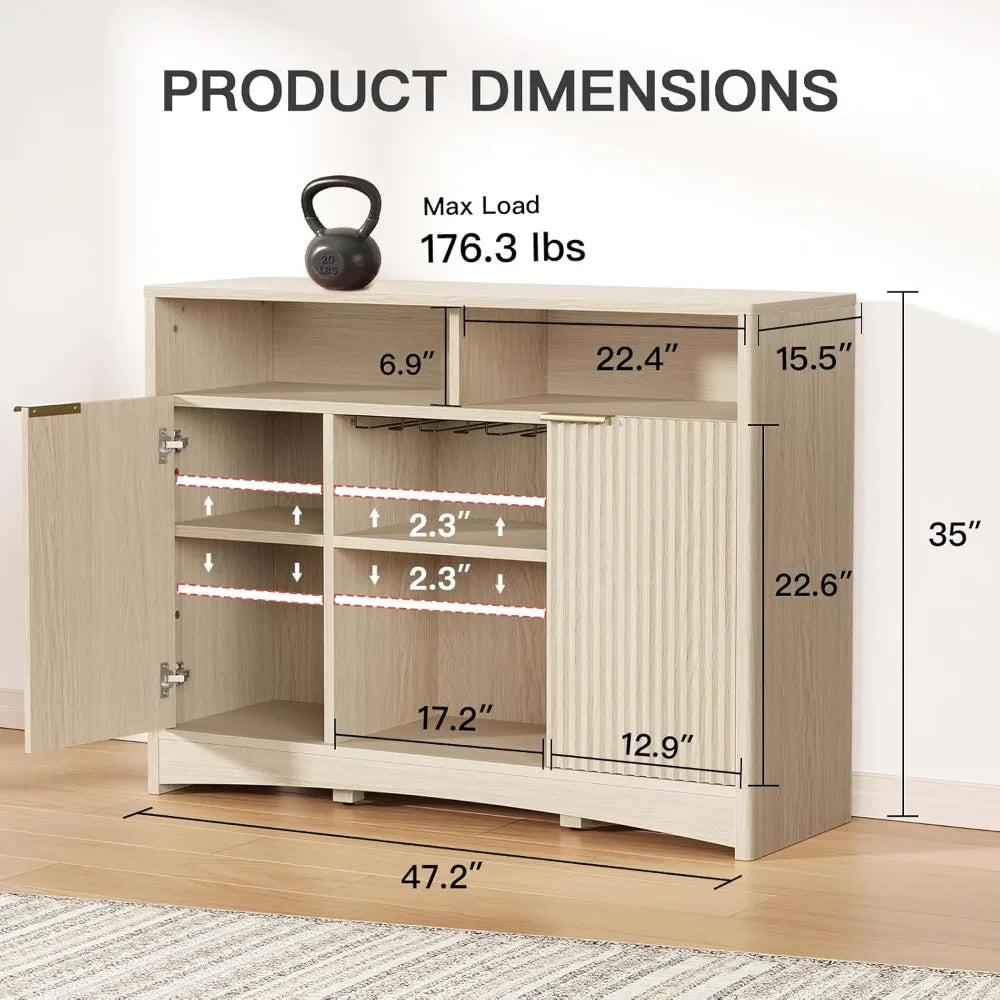 Modern coffee bar cabinet with storage fluted wood buffet sideboard wine and glass rack liquor adjustable