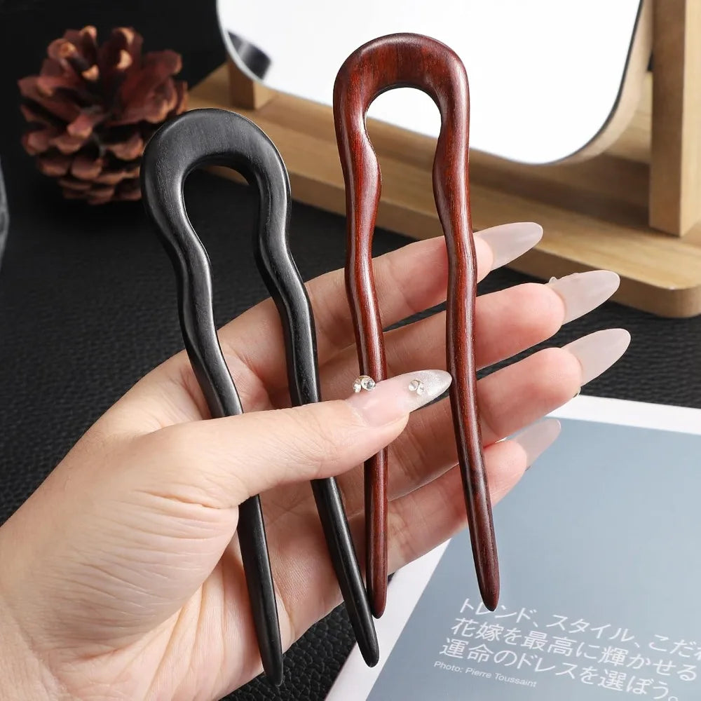 Noverlife 2pcs wooden u shaped hairpins for long hair handmade french stick vintage 2-prong wave forks ebony - united