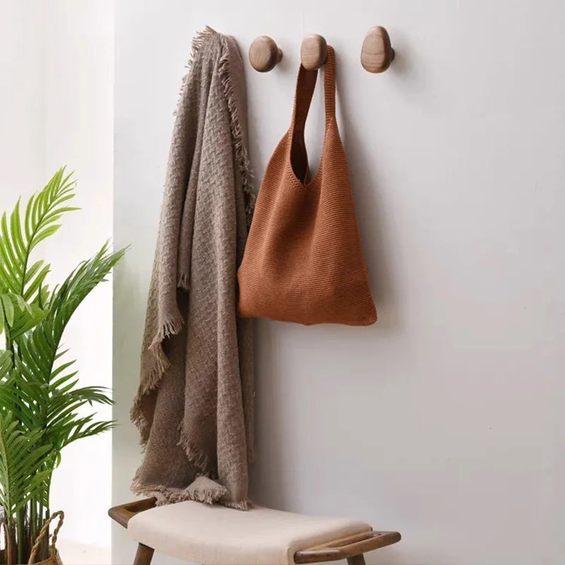 Simple solid wood hook wall mounted coat natural decorative key holder hat scarf handbag storage hanger bathroom rack