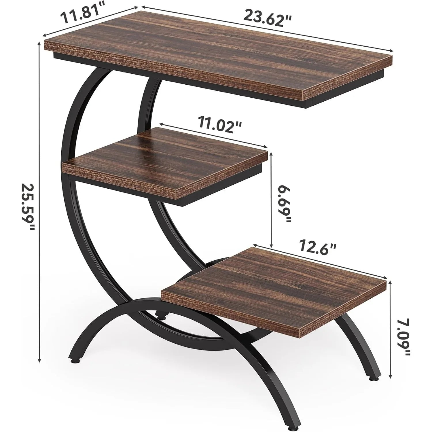 Little tree end table with 3 storage shelves industrial c-shaped small sofa side for living room wood slim snack