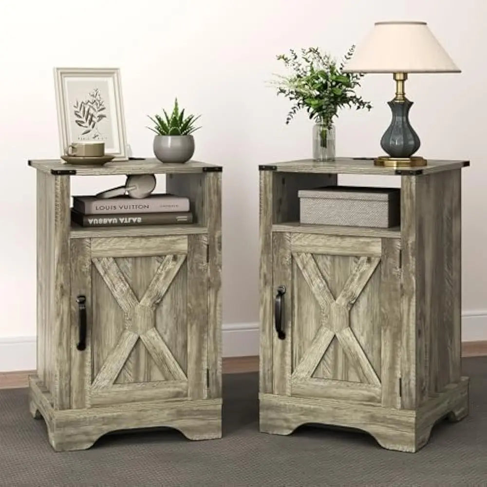 Nightstand set of 2 end table w/charging station tall farmhouse bedside tables with large storage and shelf wooden side