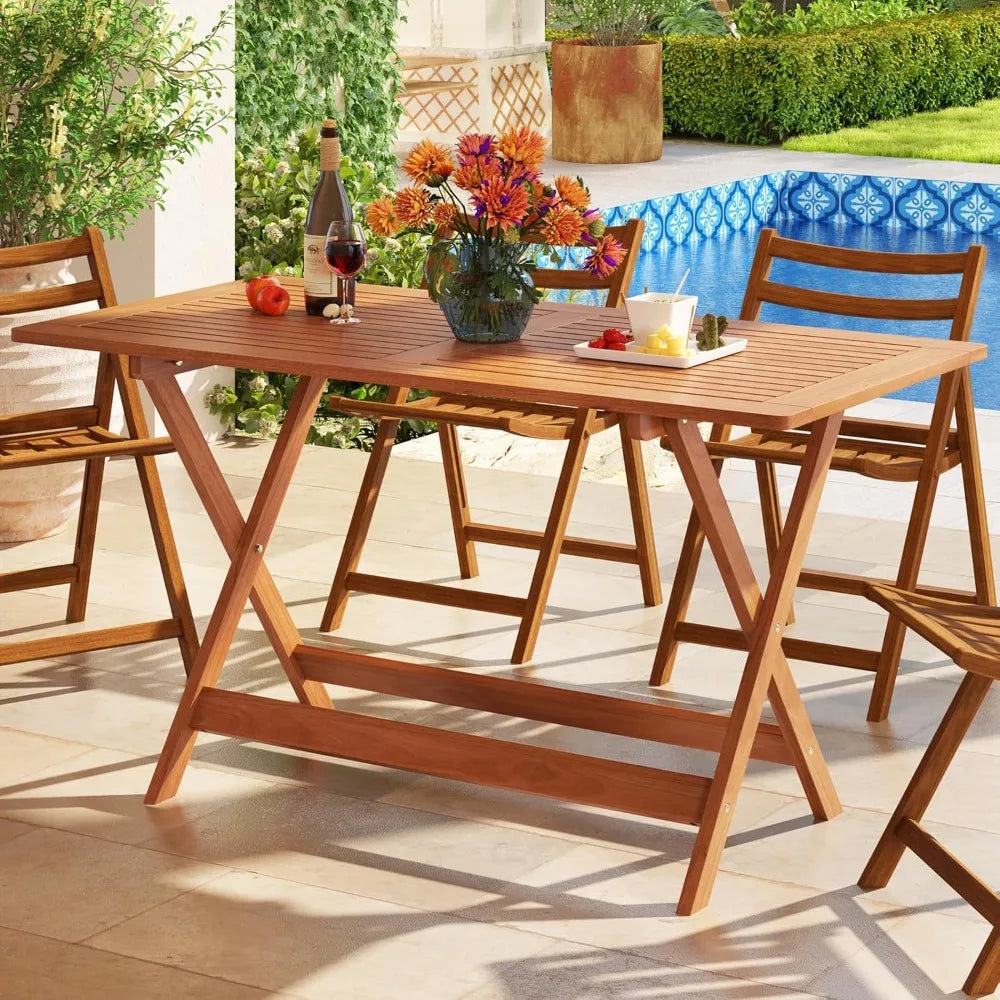 Outdoor dining table solid wood long tables with 2’’ umbrella hole & x-shaped support legs patio for porch balcon