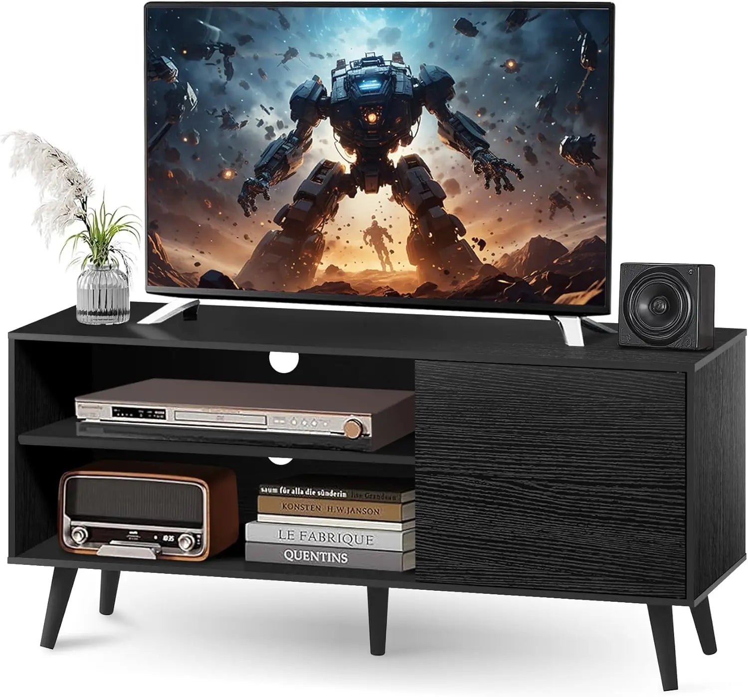 White wood television stand 1 cabinet modern entertainment center with storage for bedroom - black / united states