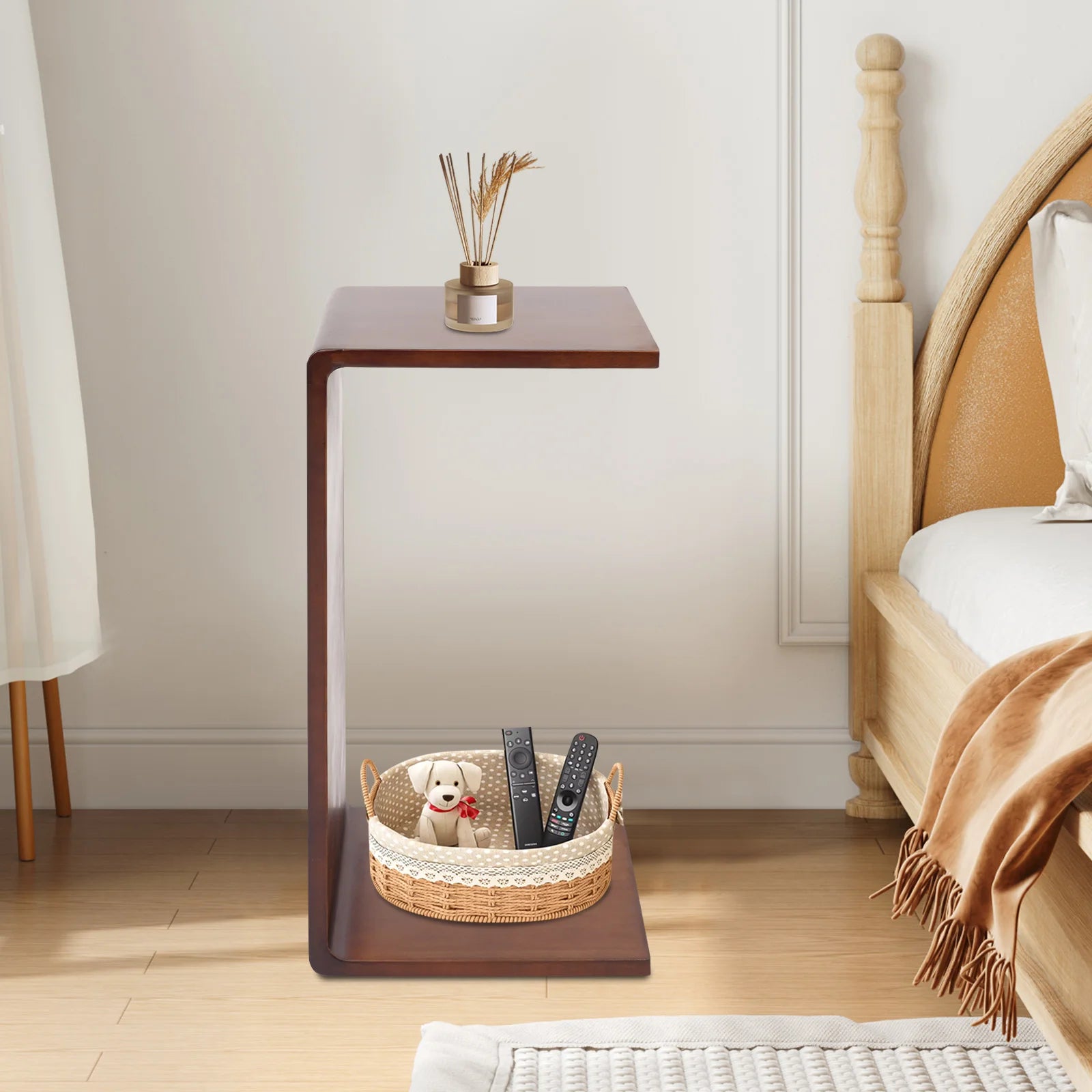 Walnut color solid wood c-shaped end table multifunctional sofa side for living room bedroom - united states