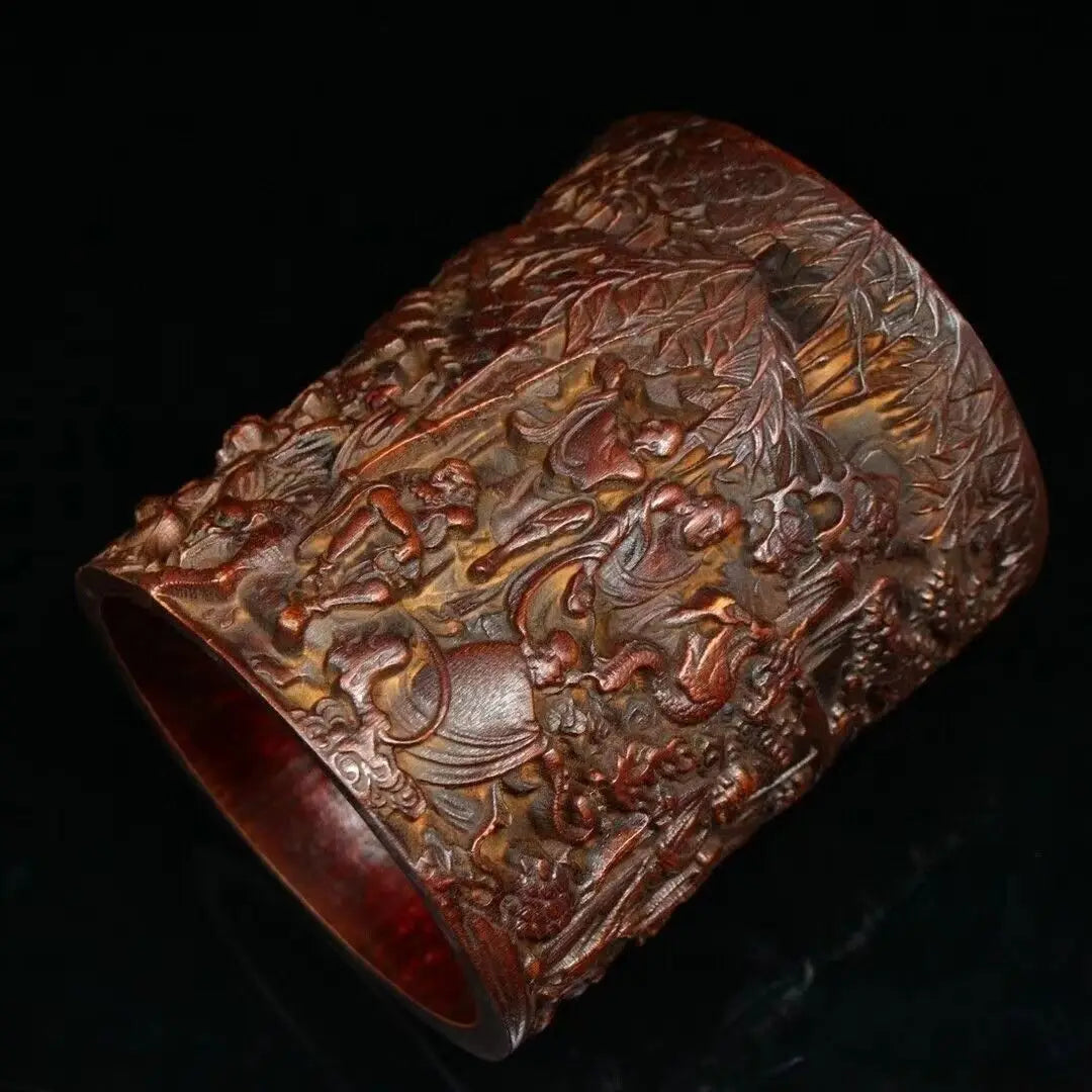 Chinese wood brush pot old bamboo carved buddha arhat pen holder collection - religious (buddhist)