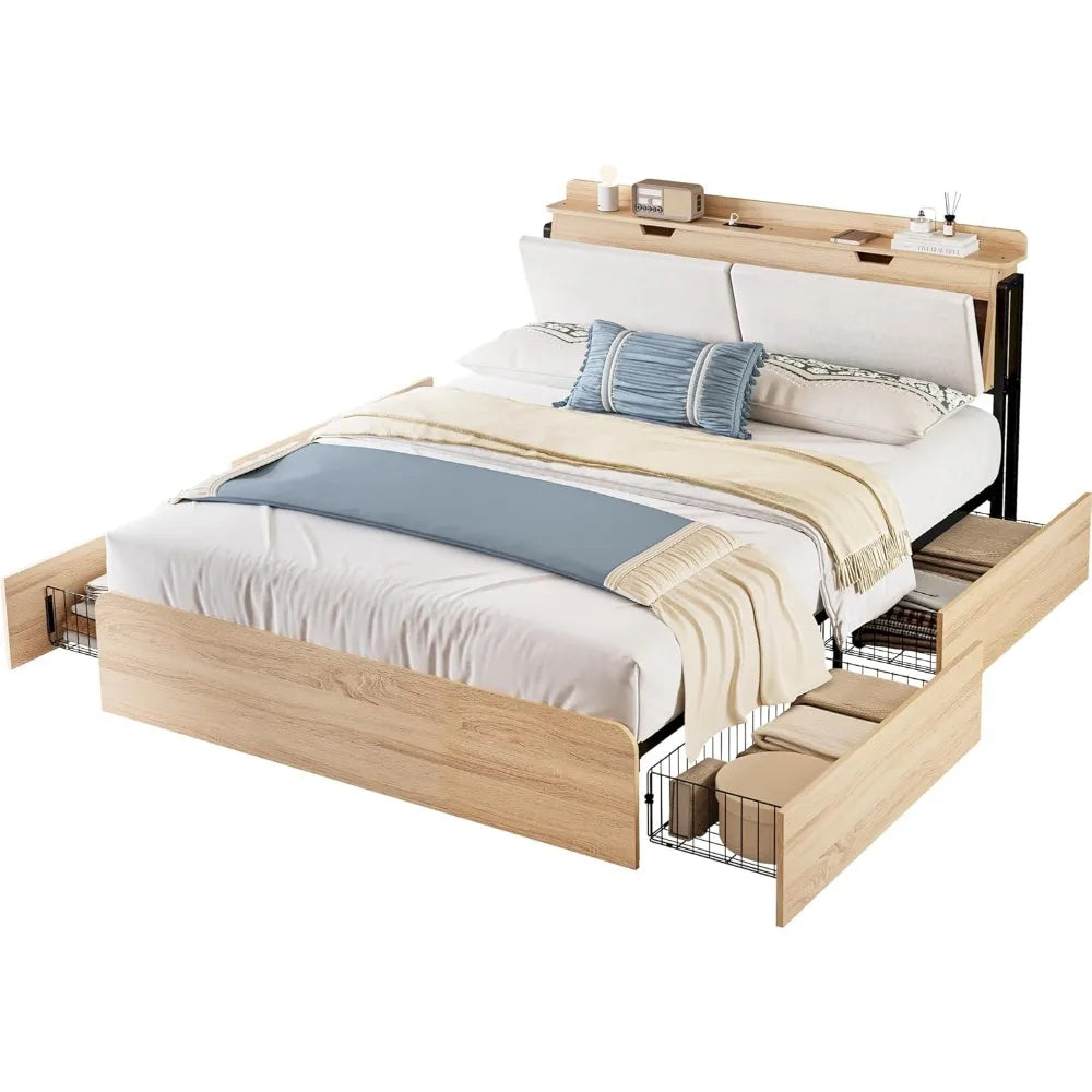Likimio queen bed frames with hidden storage headboard camas charging station and 4 drawers sturdy noiseless n - united