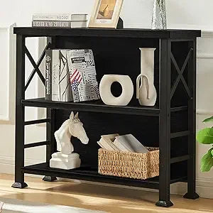 Hombazaar book shelf,3 tier small bookshelf with metal frame and backboard,rustic brown deep bookcase engineered wood