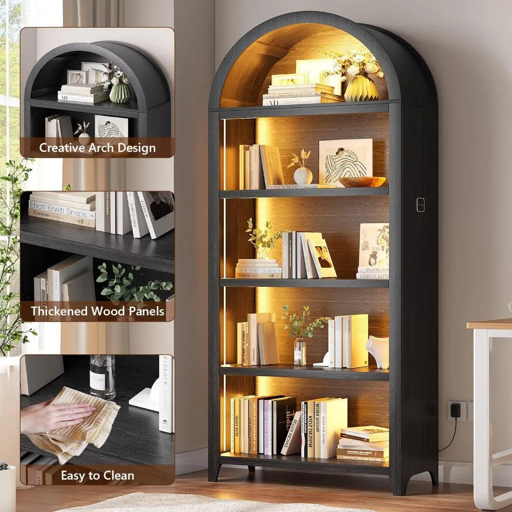 Arch bookcase - 5 layers bookshelf with 3 colors led sensor lights and thickened wooden design display shelf for lego