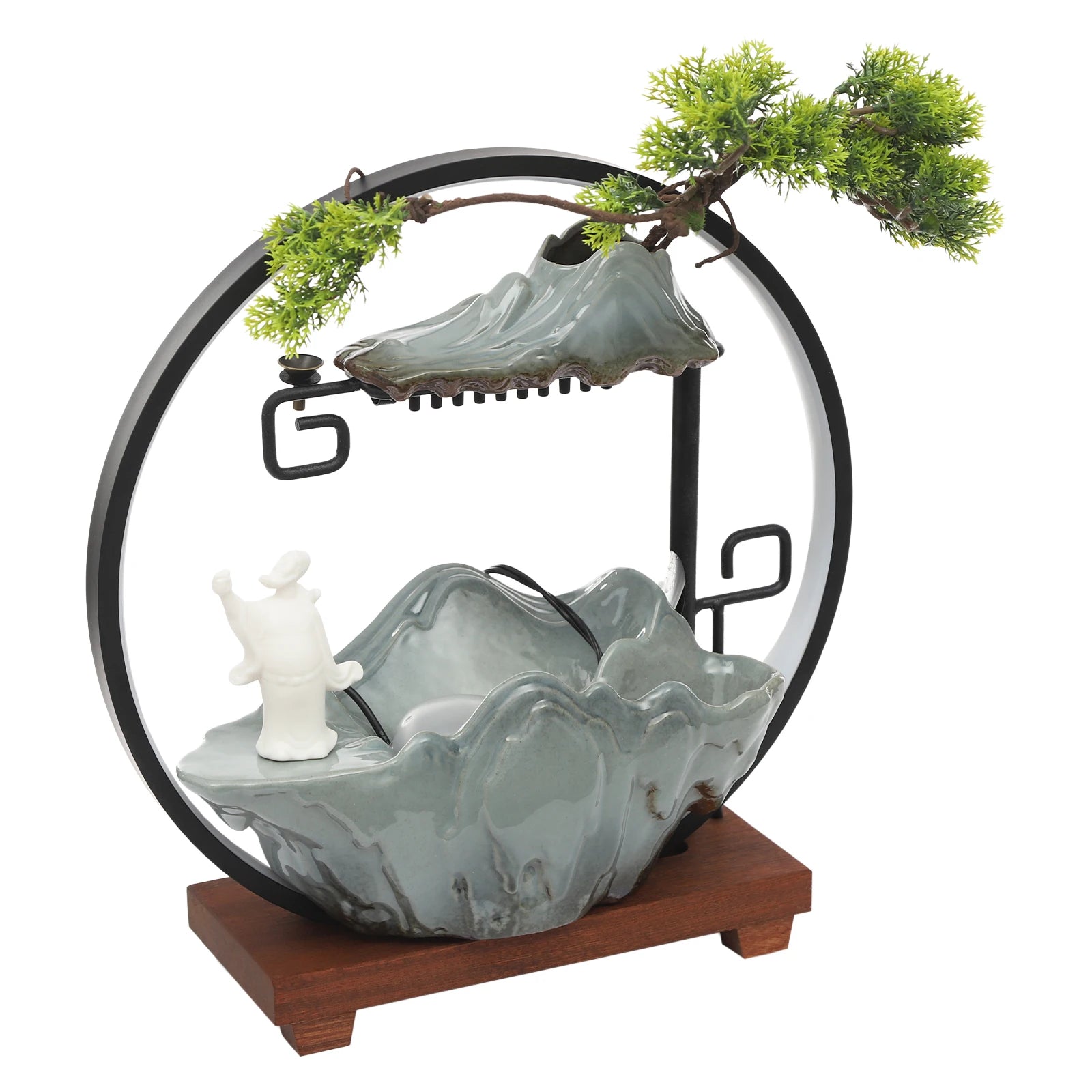 Dui jiu dang ge’ indoor relaxation desk fountain | us plug led light mist (no fragrance/plants) ceramic + wood - brown