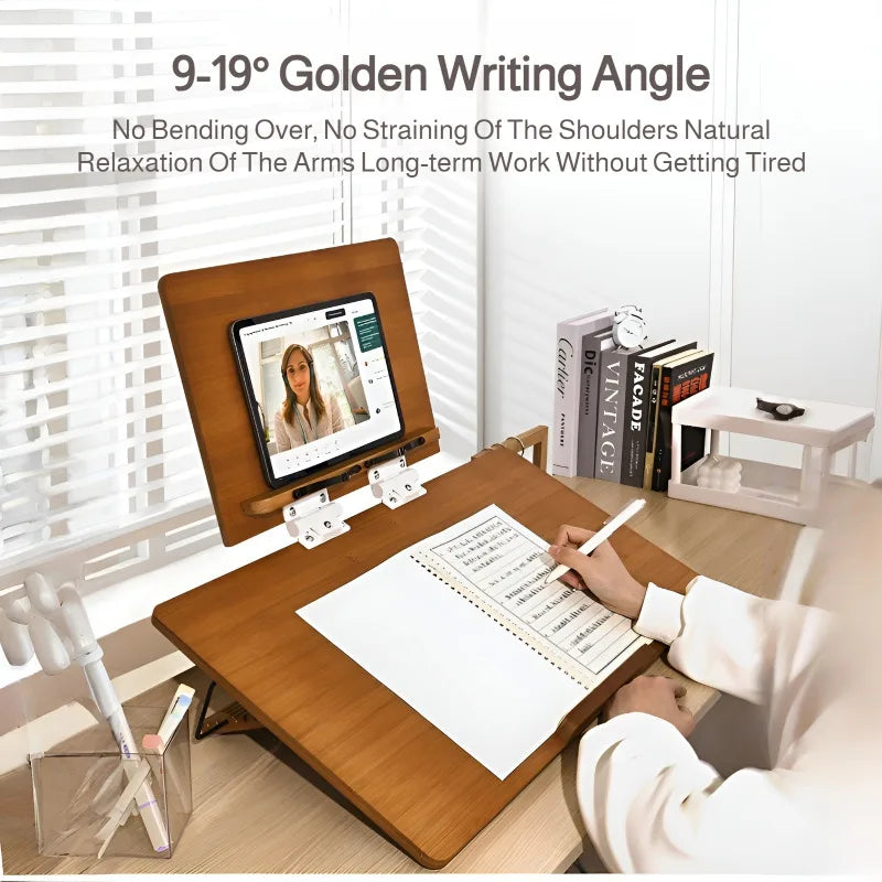 Solid wood reading rack foldable with elastic page clips book stand adjustable 360° rotating base laptop holder