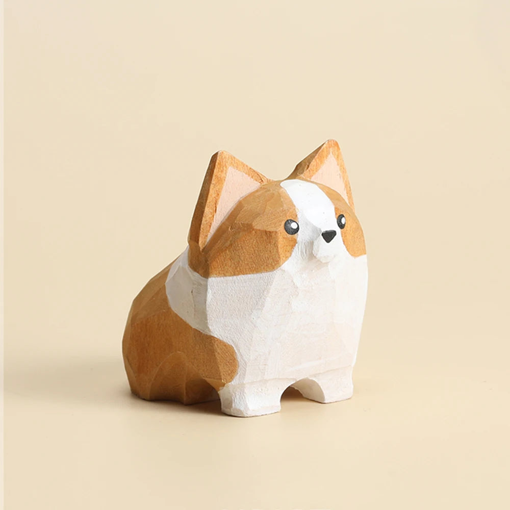 Cute small wooden dog figurine handmade carving corgi figurines home decor perfect gift for cat lovers desk decoration