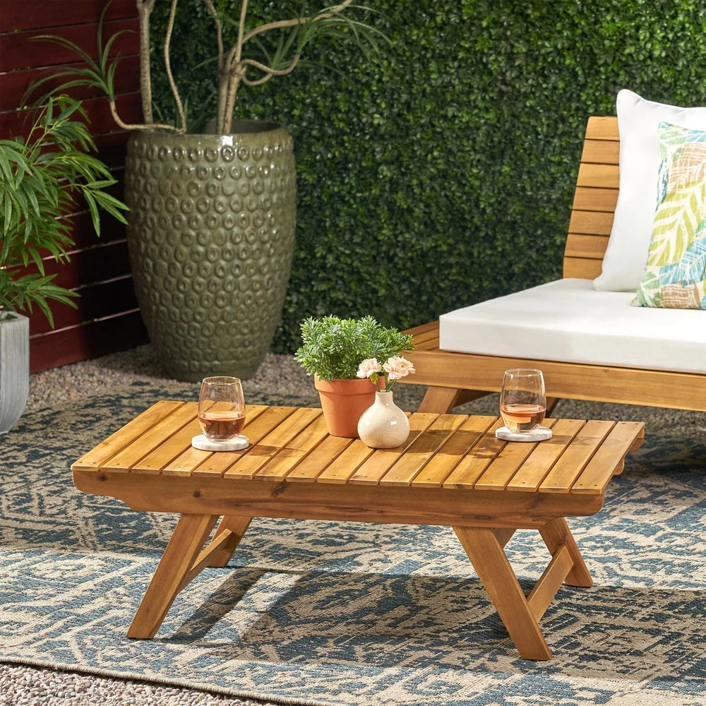 Acacia wood outdoor coffee table rectangular open slat design teak finish durable weather resistant easy assembly