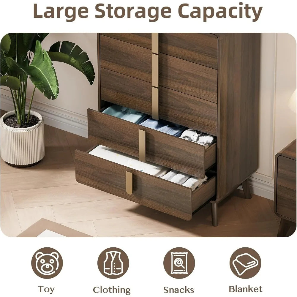 Dresser for bedroom with 5 drawers,mid century modern storage,tall chest of drawers metal handles,large