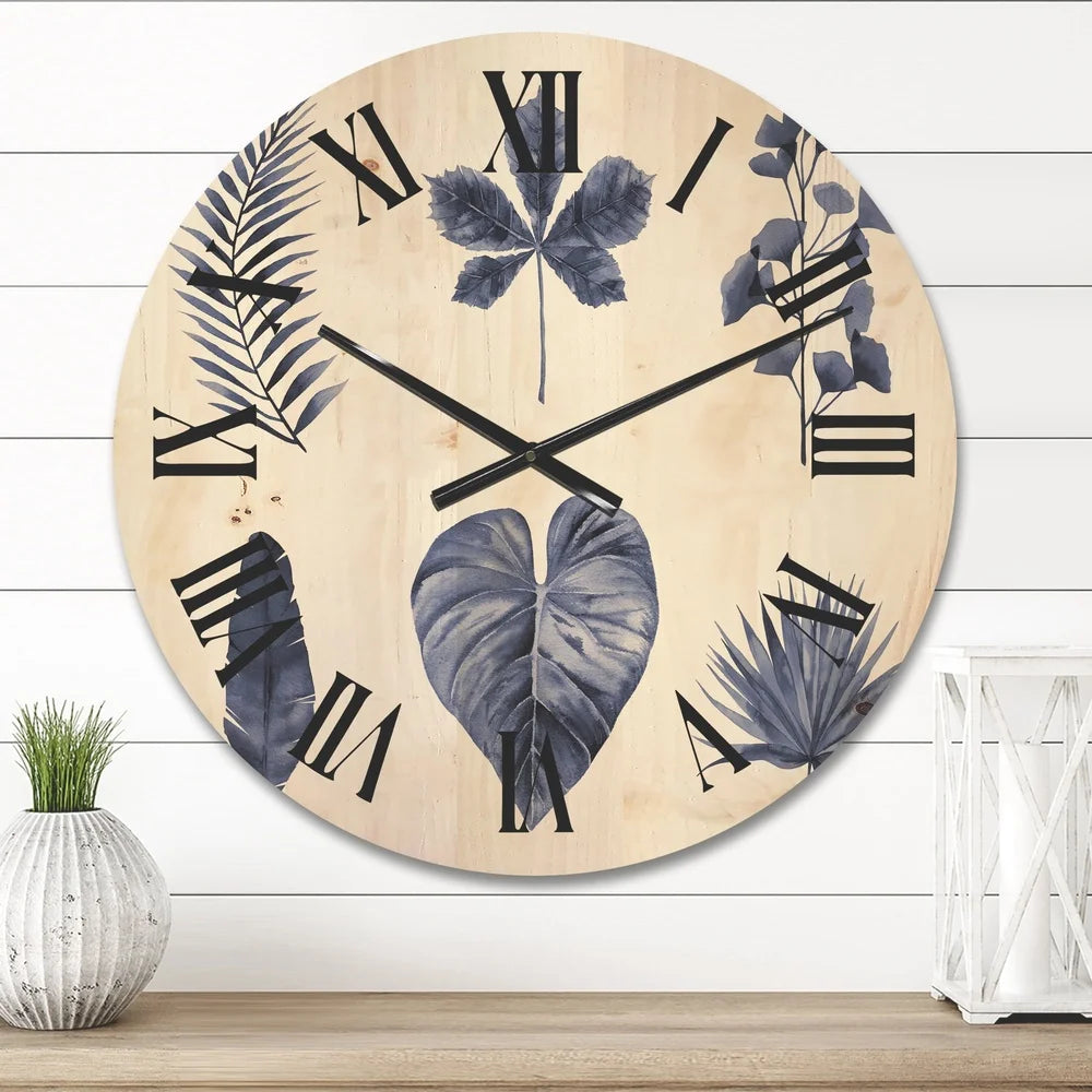 Traditional wood wall clock abstract plant leaves blue art ready to hang unique design home office decor battery