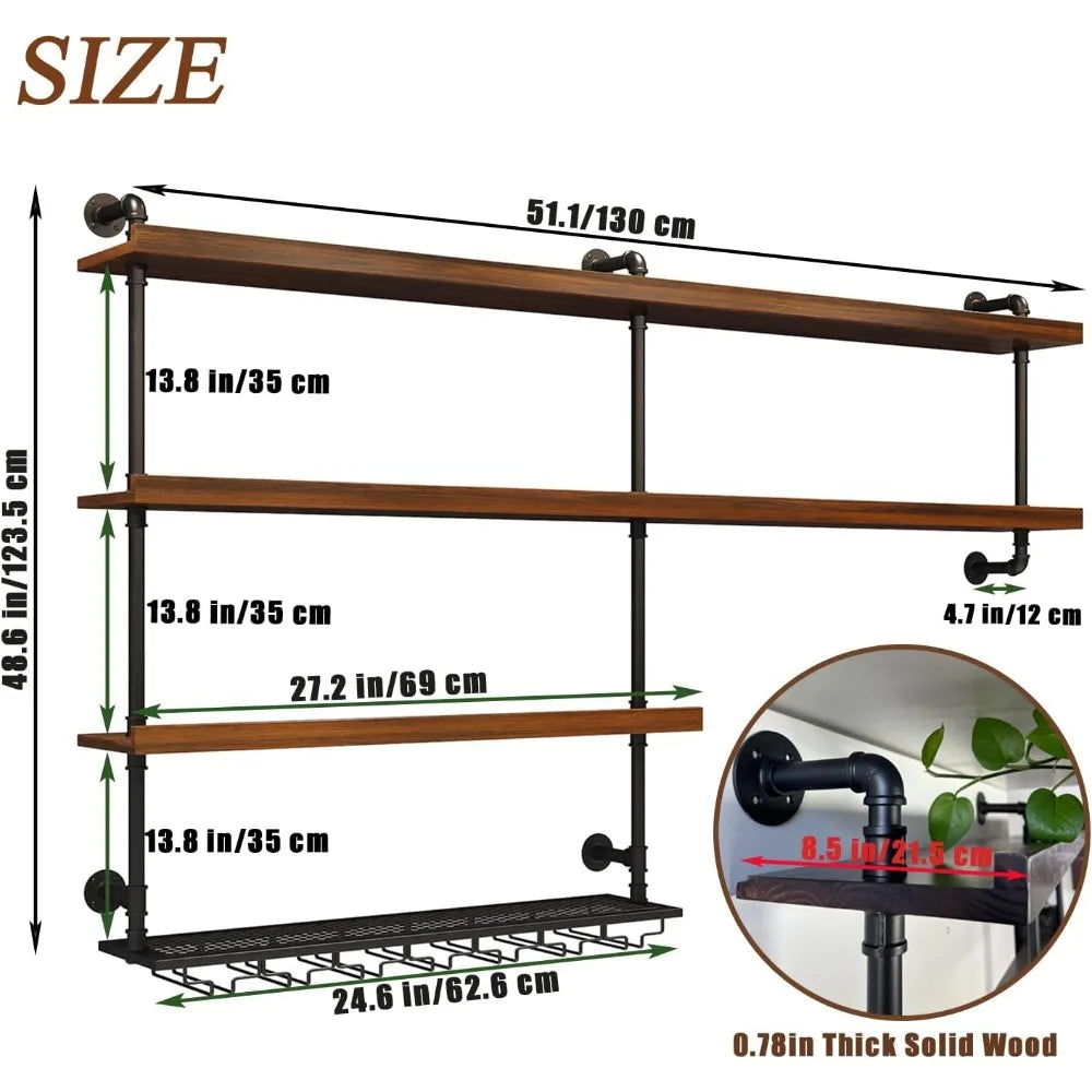 Solid wood wall mounted wine rack large with led light 4 tiers liquor bottles floating shelves glass holder in - united