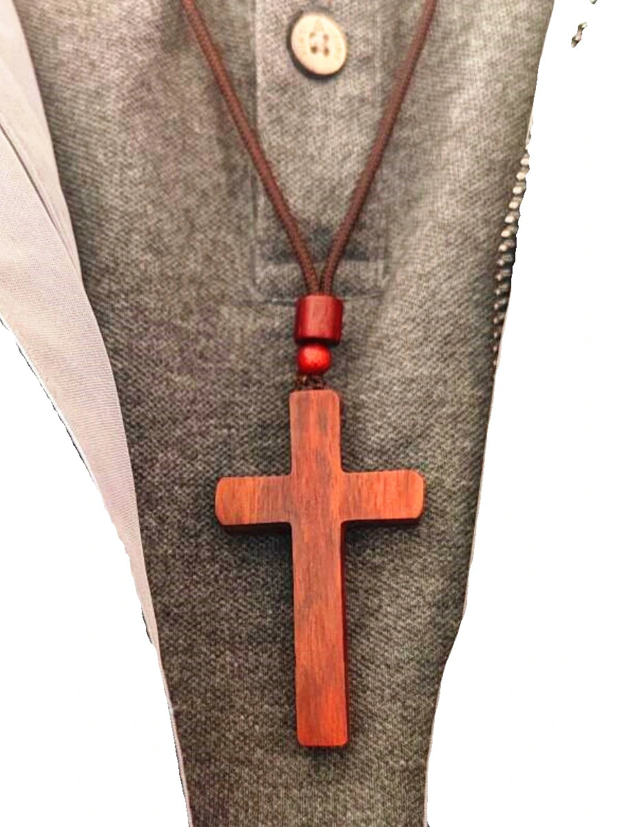 Retro artistic wooden cross nelace korean faion pendant long men’s sweater chain hanging decoration ex version